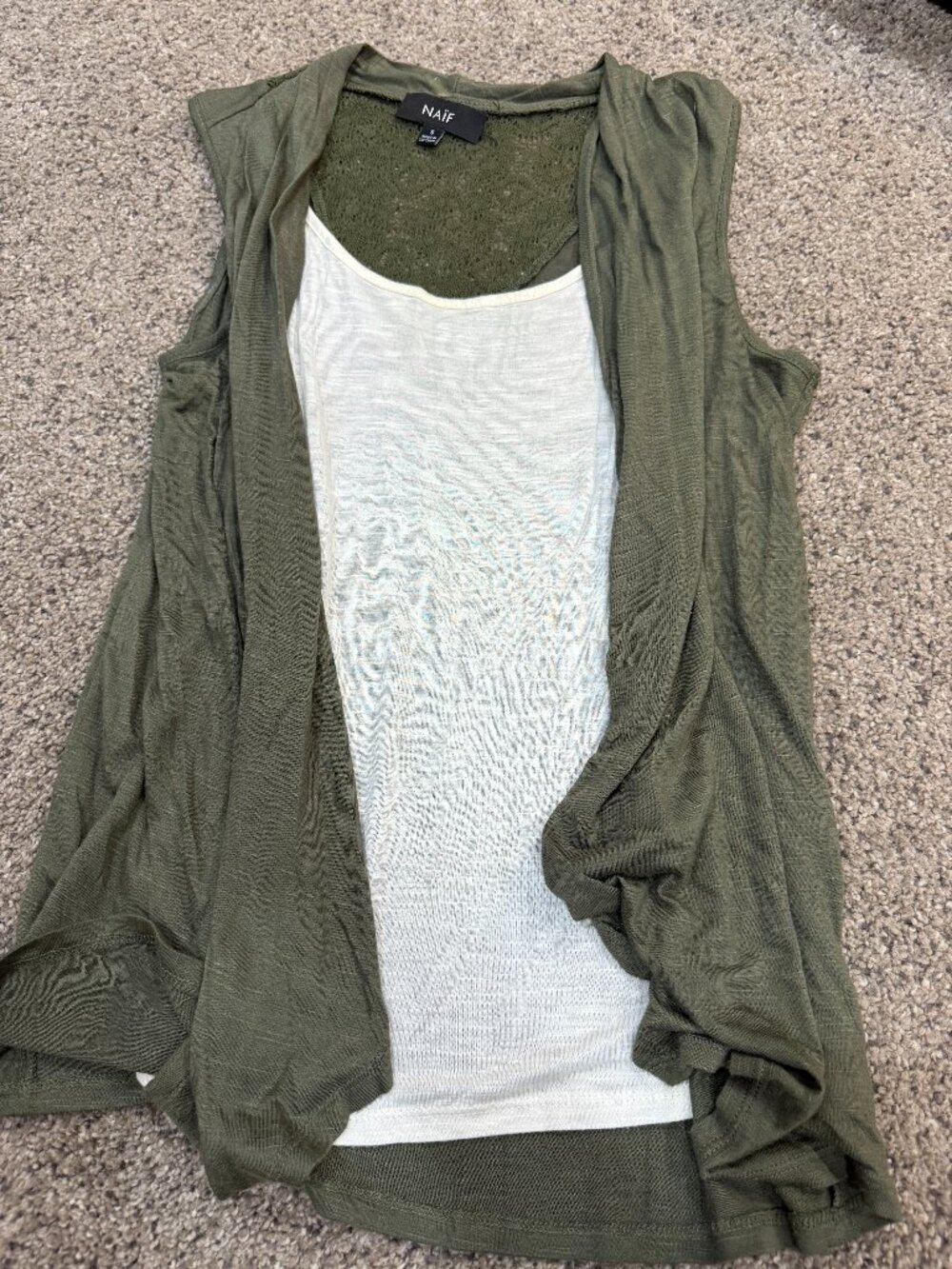 Naif Women’s Small Olive Green Faux Vest Shirt White Lace Back Rayon